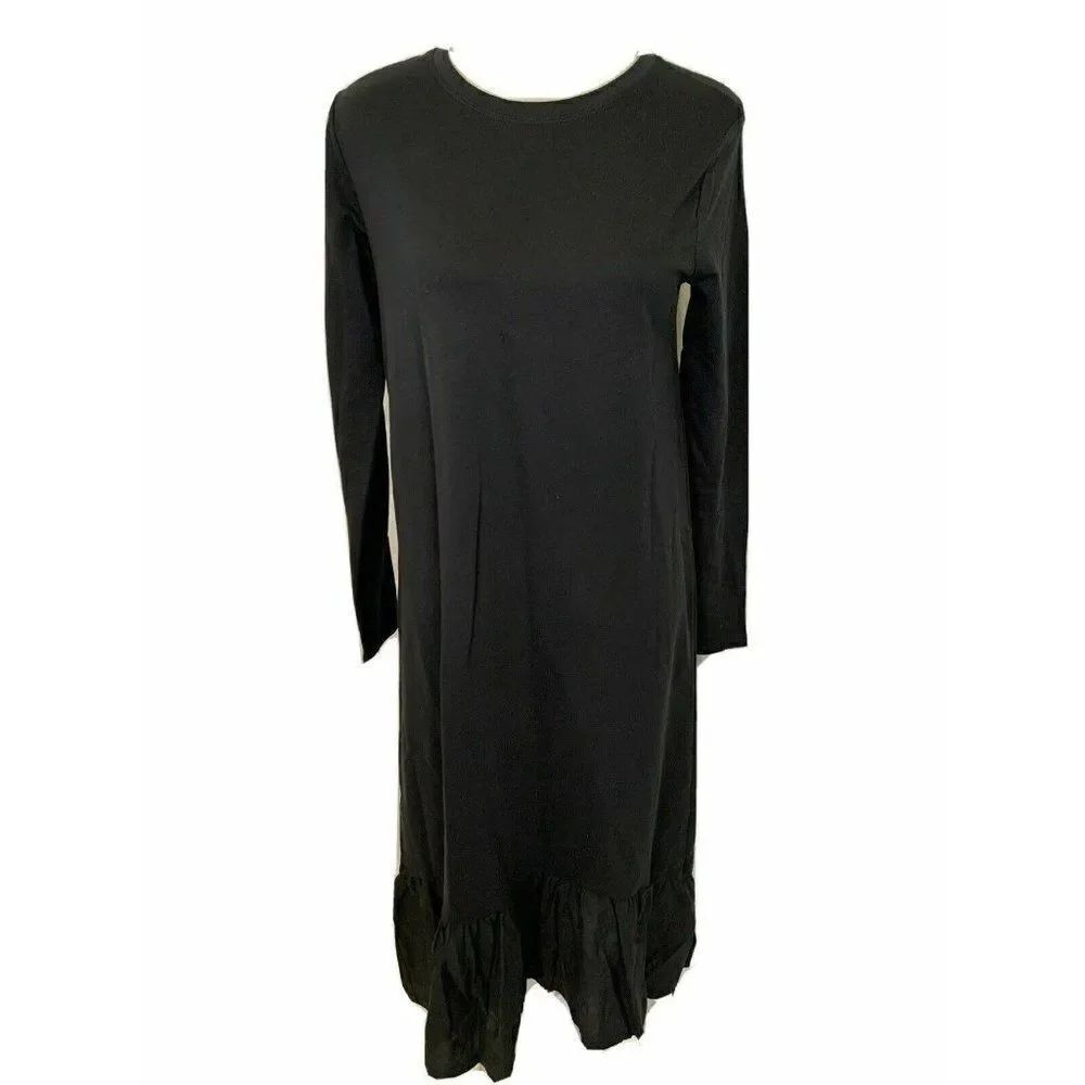 Zara Womens Solid Gray Crew Neck Long Sleeve Midi Shirt Dress Small
